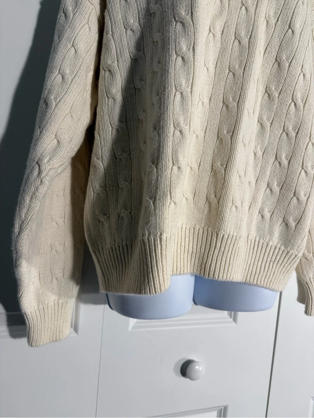 Classic Men's V-Neck Cable Knit Sweater in Cream with Navy & Maroon Trim